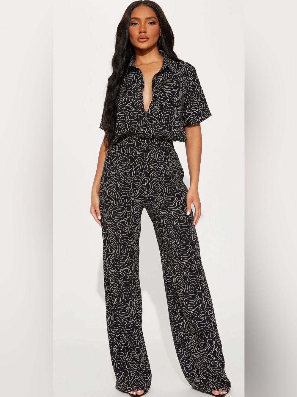 Fashion Nova Black Abstract-Print Short Sleeve Wide-Leg Jumpsuit